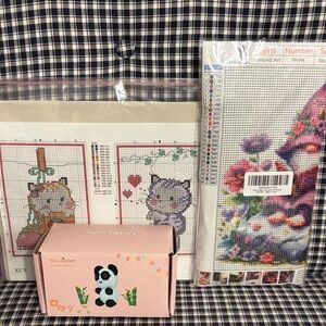 Crafters bundle; kitchen cross stitch, gnome glass bead art and panda crochet